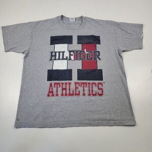 Vintage 90s Tommy Athletics Hilfiger Big Logo Shirt Gray Men’s XL Single Stitch
